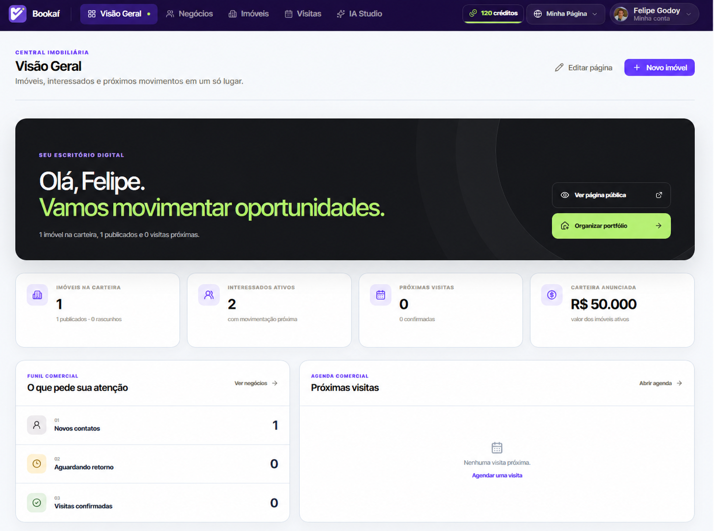 Visão geral real do dashboard Bookaí